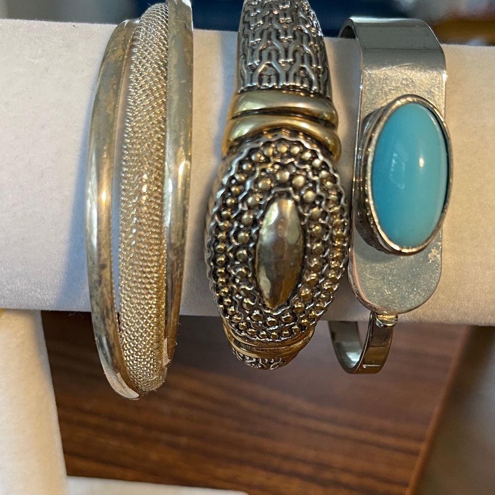 Three Silver and Gold Tone Bracelets with Turquoise colour Accent